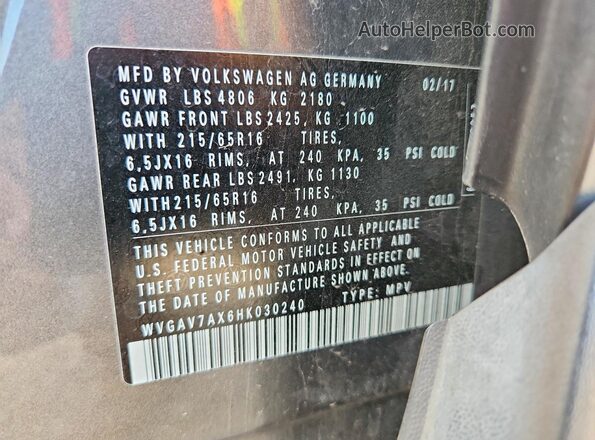 WVGAV7AX6HK030240 2017 VOLKSWAGEN TIGUAN Gray Widok naklejki z numerem VIN