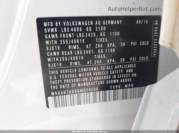 WVGAV7AX8GW039268 2016 VOLKSWAGEN TIGUAN White Вид підкапотного простору