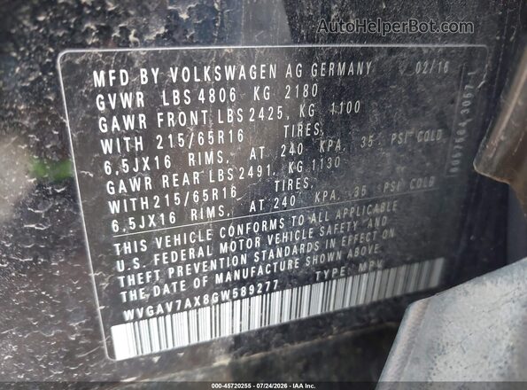 WVGAV7AX8GW589277 2016 VOLKSWAGEN TIGUAN Black Вид підкапотного простору