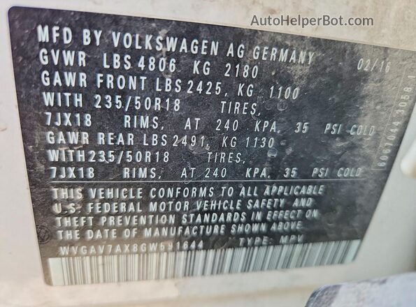 WVGAV7AX8GW591644 2016 VOLKSWAGEN TIGUAN White Вид наклейки з VIN-кодом