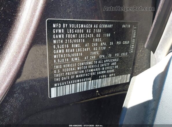 WVGAV7AX8GW608586 2016 VOLKSWAGEN TIGUAN Brown Vista del compartimento del motor