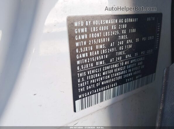 WVGAV7AX8HK001645 2017 VOLKSWAGEN TIGUAN White Շարժիչի բաժամունքի տեսք