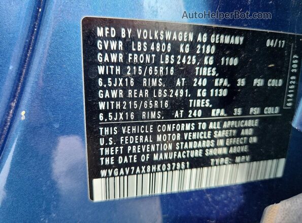 WVGAV7AX8HK037951 2017 VOLKSWAGEN TIGUAN Blue VIN კოდის სტიკერის ხედი