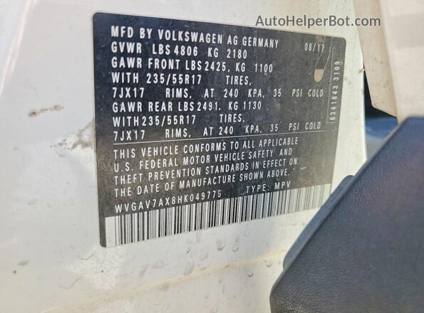 WVGAV7AX8HK049775 2017 VOLKSWAGEN TIGUAN White VIN sticker view