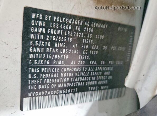 WVGAV7AX9GW580717 2016 VOLKSWAGEN TIGUAN White Vista del compartimento del motor