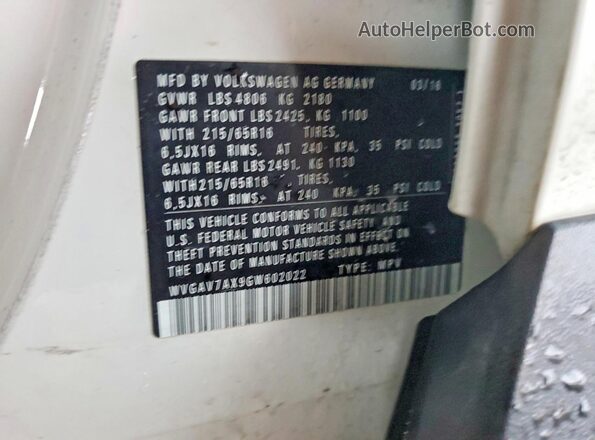 WVGAV7AX9GW602022 2016 VOLKSWAGEN TIGUAN White Widok naklejki z numerem VIN