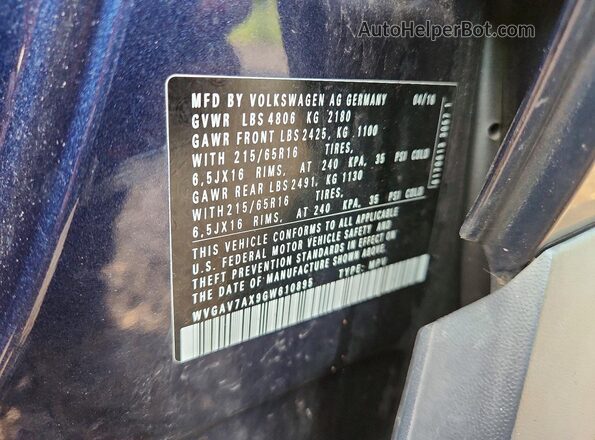 WVGAV7AX9GW610895 2016 VOLKSWAGEN TIGUAN Blue Vista de la etiqueta del VIN