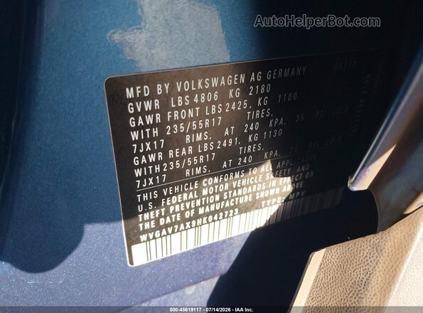 WVGAV7AX9HK042723 2017 VOLKSWAGEN TIGUAN Blue Widok komory silnika