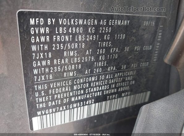 WVGBV7AX1GW531452 2016 VOLKSWAGEN TIGUAN Gray Շարժիչի բաժամունքի տեսք