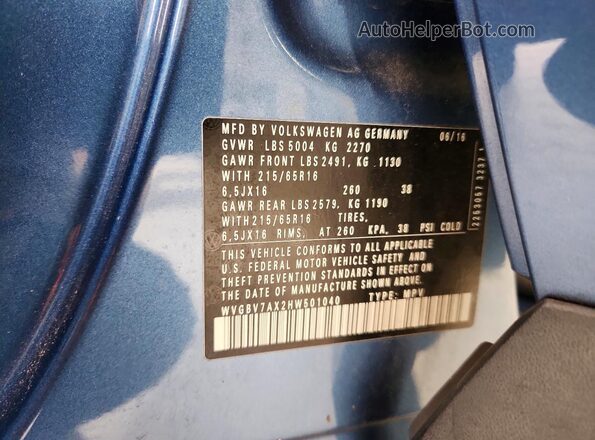 WVGBV7AX2HW501040 2017 VOLKSWAGEN TIGUAN Blue Vista de la etiqueta del VIN