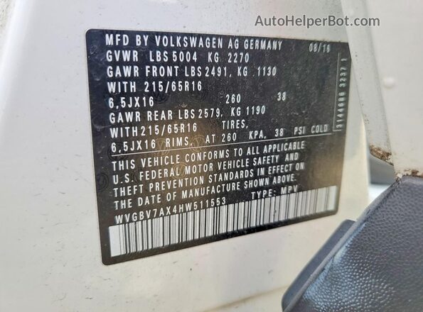 WVGBV7AX4HW511553 2017 VOLKSWAGEN TIGUAN White Widok wnętrza 360 stopni