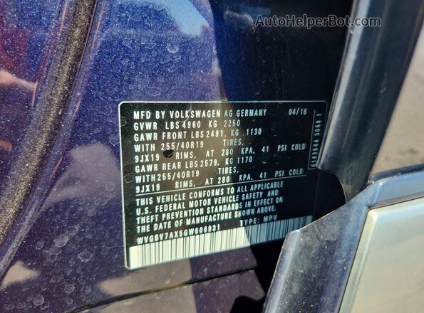 WVGBV7AX5GW606931 2016 VOLKSWAGEN TIGUAN Blue 360 interior view