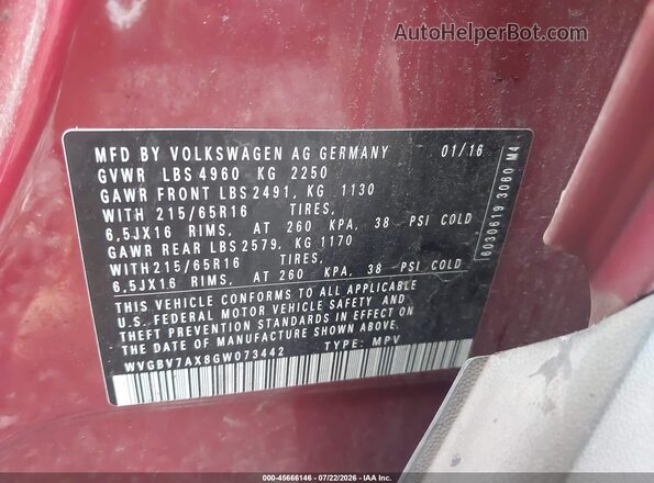 WVGBV7AX8GW073442 2016 VOLKSWAGEN TIGUAN Red ძრავის განყოფილების ხედი