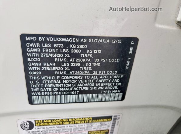 WVGEF9BP0GD011047 2016 VOLKSWAGEN TOUAREG White 360 interior view