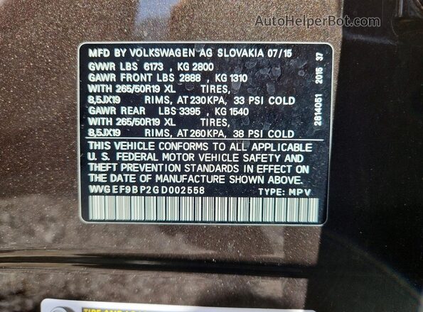 WVGEF9BP2GD002558 2016 VOLKSWAGEN TOUAREG Brown VIN sticker view