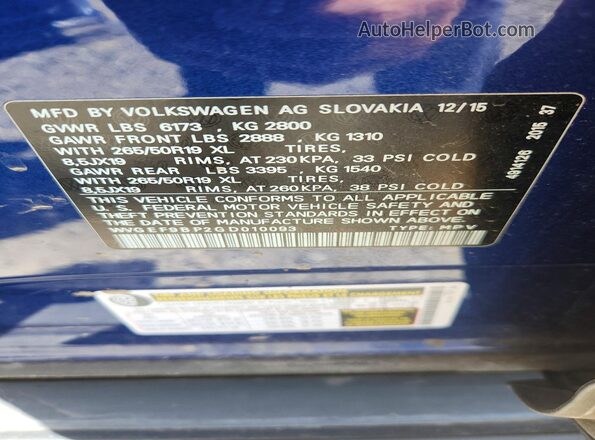 WVGEF9BP2GD010093 2016 VOLKSWAGEN TOUAREG Blue Vista de la etiqueta del VIN