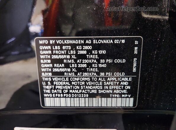 WVGEF9BP3GD012239 2016 VOLKSWAGEN TOUAREG Black VIN կոդի պիտակի տեսք