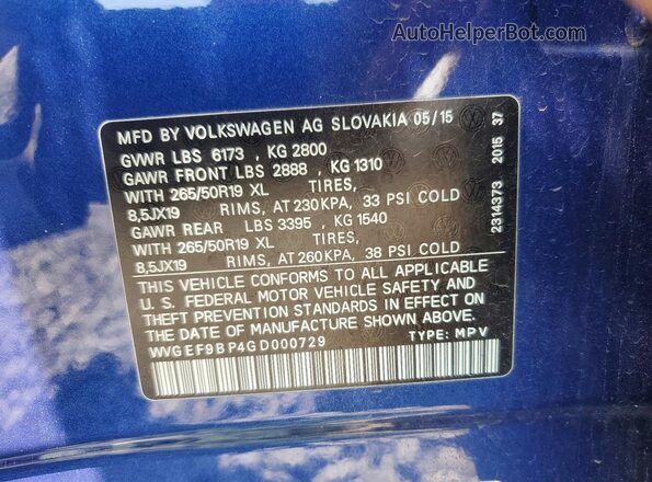 WVGEF9BP4GD000729 2016 VOLKSWAGEN TOUAREG Blue Widok naklejki z numerem VIN