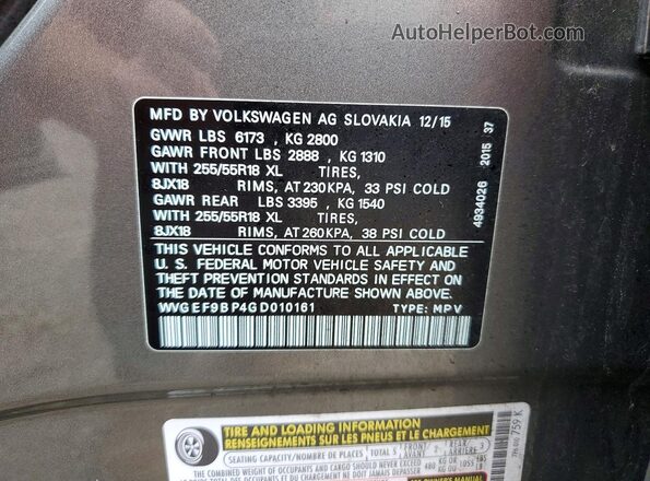 WVGEF9BP4GD010161 2016 VOLKSWAGEN TOUAREG Gray VIN კოდის სტიკერის ხედი