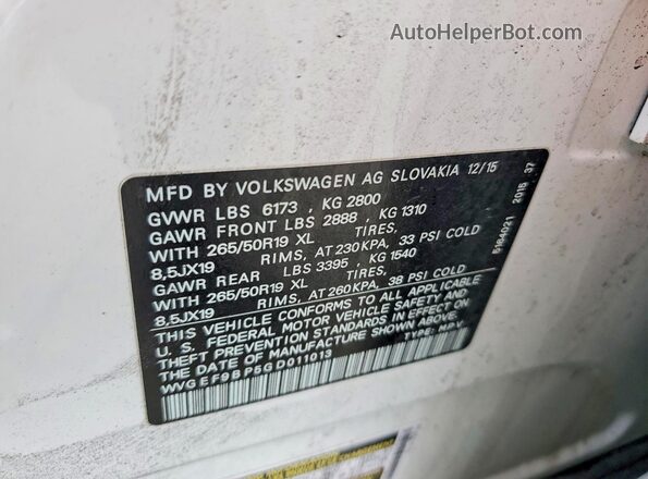 WVGEF9BP5GD011013 2016 VOLKSWAGEN TOUAREG White Вид наклейки з VIN-кодом