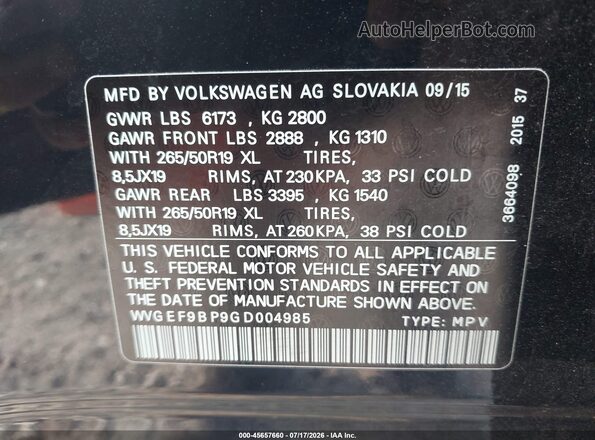 WVGEF9BP9GD004985 2016 VOLKSWAGEN TOUAREG Black Widok komory silnika