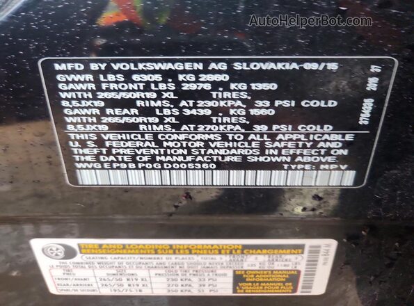 WVGEP9BP0GD005360 2016 VOLKSWAGEN TOUAREG Black VIN კოდის სტიკერის ხედი