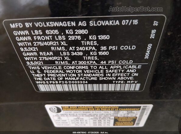 WVGEP9BP2GD003304 2016 VOLKSWAGEN TOUAREG Black Vista del compartimento del motor