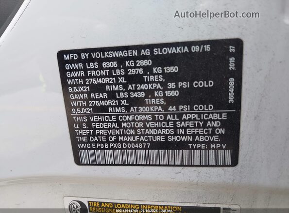 WVGEP9BPXGD004877 2016 VOLKSWAGEN TOUAREG White Widok komory silnika