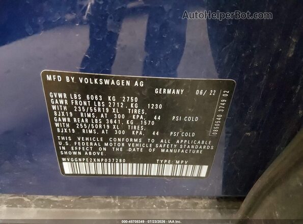 WVGGNPE2XNP037280 2022 VOLKSWAGEN ID.4 Blue Вид підкапотного простору