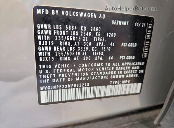 WVGJNPE23MP062218 2021 VOLKSWAGEN ID.4 Gray სალონის 360-გრადუსიანი ხედი
