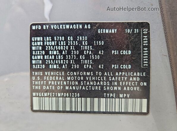 WVGKMPE21MP061236 2021 VOLKSWAGEN ID.4 Gray VIN კოდის სტიკერის ხედი