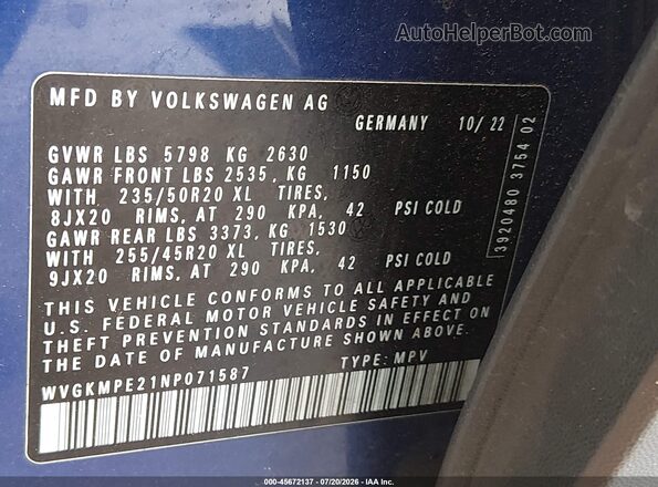 WVGKMPE21NP071587 2022 VOLKSWAGEN ID.4 Blue Widok komory silnika