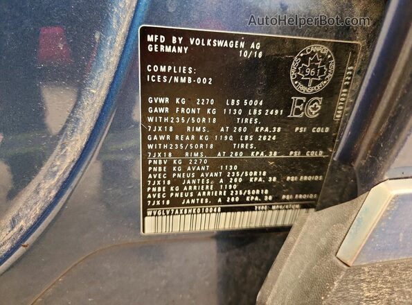 WVGLV7AX8HK010046 2017 VOLKSWAGEN TIGUAN Blue Vista de la etiqueta del VIN