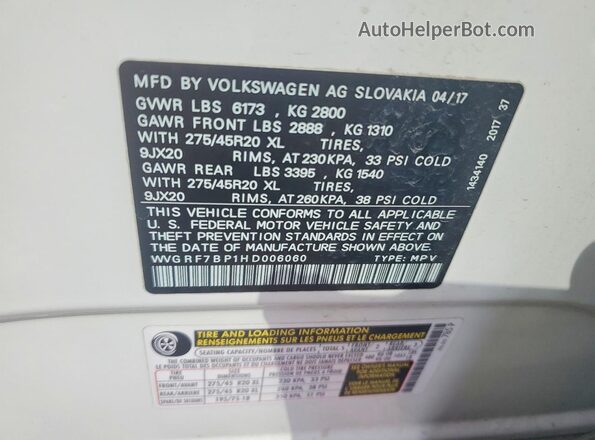 WVGRF7BP1HD006060 2017 VOLKSWAGEN TOUAREG White Vista de la etiqueta del VIN