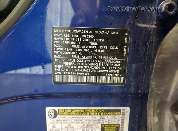WVGRF7BP9HD004105 2017 VOLKSWAGEN TOUAREG Blue Widok naklejki z numerem VIN