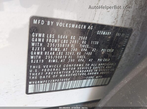 WVGRMPE22NP070950 2022 VOLKSWAGEN ID.4 White Engine compartment view