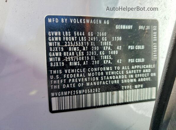 WVGRMPE25MP059262 2021 VOLKSWAGEN ID.4 White Vista de la etiqueta del VIN