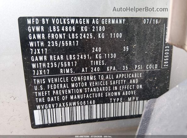 WVGRV7AX5HW506148 2017 VOLKSWAGEN TIGUAN Silver Շարժիչի բաժամունքի տեսք