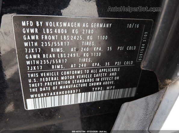 WVGRV7AX8HK008971 2017 VOLKSWAGEN TIGUAN Black Вид підкапотного простору
