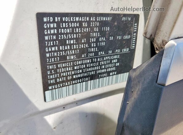 WVGSV7AX2HK007381 2017 VOLKSWAGEN TIGUAN White VIN კოდის სტიკერის ხედი