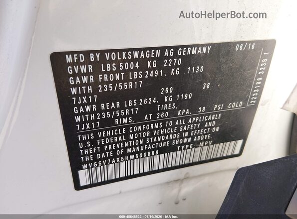 WVGSV7AX5HW500688 2017 VOLKSWAGEN TIGUAN White ძრავის განყოფილების ხედი