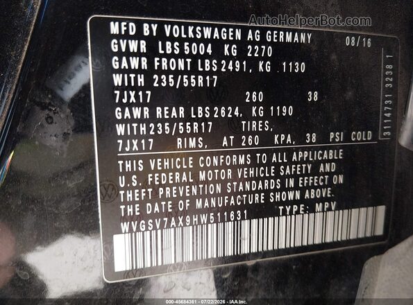 WVGSV7AX9HW511631 2017 VOLKSWAGEN TIGUAN Черный Вид подкапотного пространства