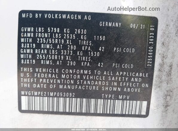 WVGTMPE21MP053092 2021 VOLKSWAGEN ID.4 White 