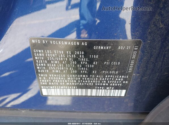 WVGTMPE22MP024281 2021 VOLKSWAGEN ID.4 Blue Vista del compartimento del motor