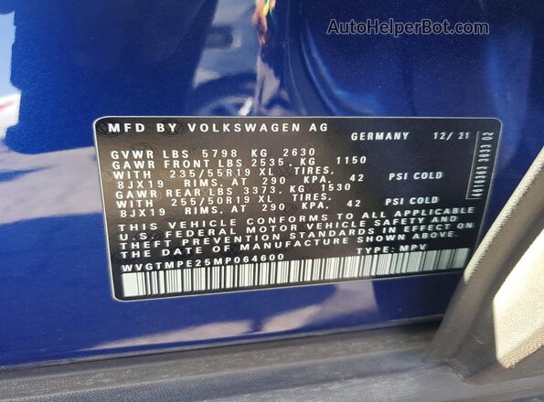 WVGTMPE25MP064600 2021 VOLKSWAGEN ID.4 Blue VIN կոդի պիտակի տեսք