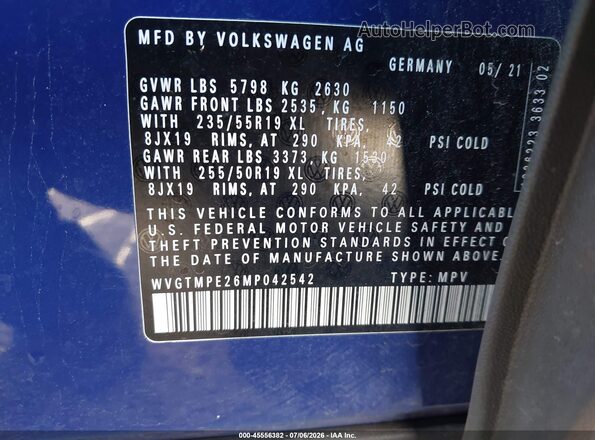 WVGTMPE26MP042542 2021 VOLKSWAGEN ID.4 Blue Engine compartment view