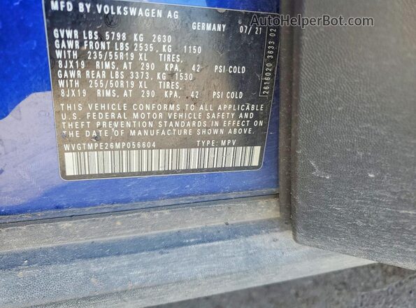 WVGTMPE26MP056604 2021 VOLKSWAGEN ID.4 Blue Вид наклейки з VIN-кодом