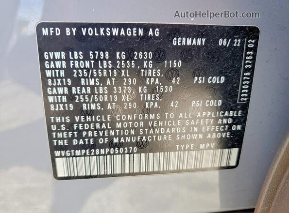 WVGTMPE28NP050370 2022 VOLKSWAGEN ID.4 Gray სალონის 360-გრადუსიანი ხედი