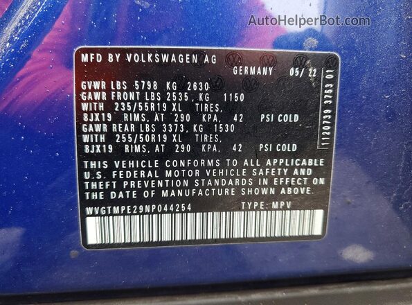 WVGTMPE29NP044254 2022 VOLKSWAGEN ID.4 Blue Vista de la etiqueta del VIN