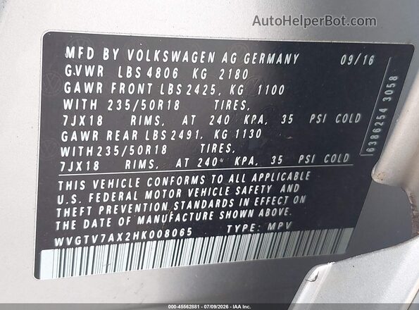 WVGTV7AX2HK008065 2017 VOLKSWAGEN TIGUAN Silver Vista del compartimento del motor
